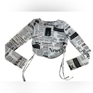 Fashion Nova Mesh Newspaper Print Long Sleeve Crop Top Medium